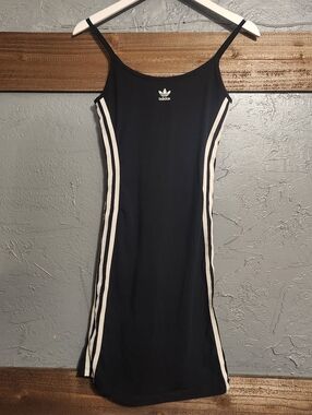 Adidas Womens Size XS Black Bodycon 3 White Side Stripes Dress Y2K